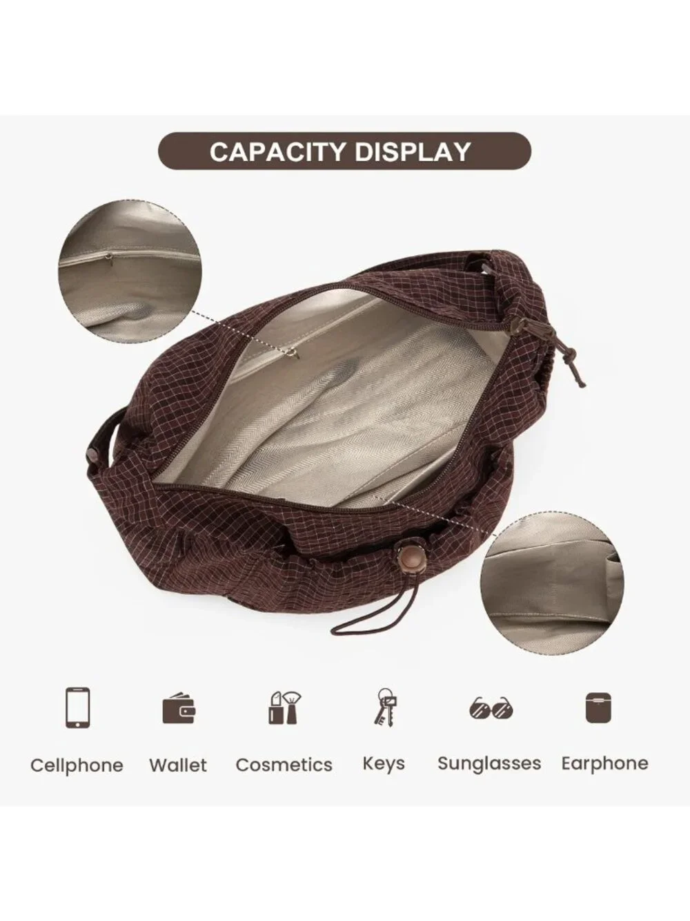 Plaid Nylon Hobo Bag | Soft Crossbody Messenger Purse with Adjustable Straps